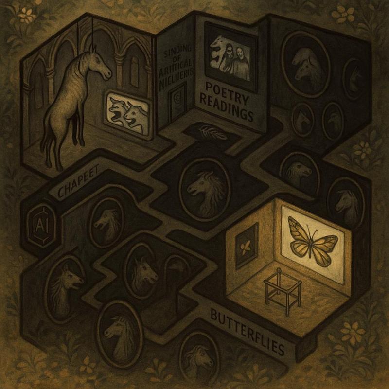 @ NIE WIEDER EIGENTUM Das Bild zeigt eine labyrinthartige, düstere Innenarchitektur mit mehreren Räumen, die in einem isometrischen Stil dargestellt sind. Die Szene ist in Sepia- und Brauntönen gehalten, mit vereinzelten Akzenten in Goldgelb. Im linken oberen Bereich steht ein Pferd in einem Kapellen-ähnlichen Raum mit gotischen Bögen. Daneben befindet sich ein Raum mit einem Schild: „SINGING OF ARTIFICIAL NECILIERIS“, daneben ein Schild „POETRY READINGS“ mit Porträts von Pferden und Menschen. Das Wort „CHAPEET“ ist ebenfalls z